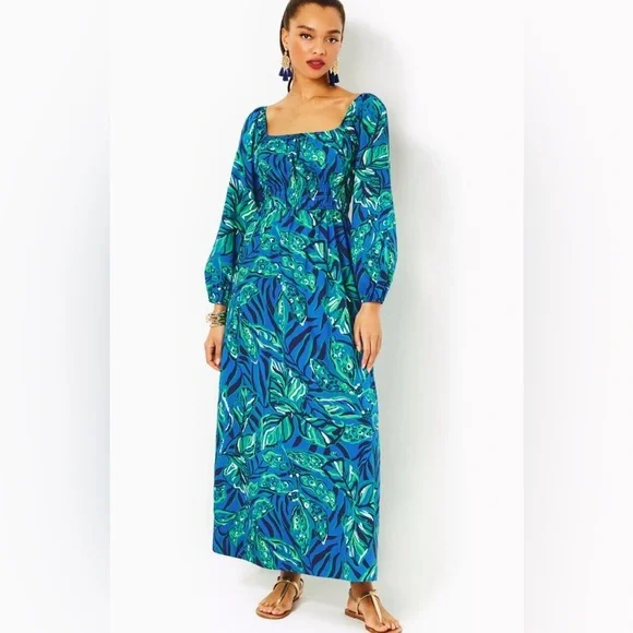 Lilly Pulitzer Lakira Cotton Vibrant Blue and Green Maxi Dress Size Small - Picture 1 of 9